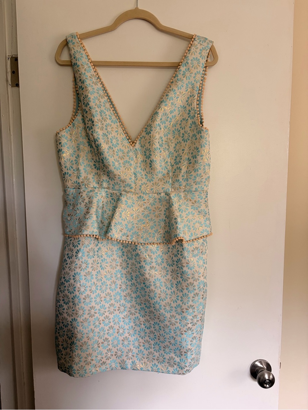 Lulu's Blue and Gold Floral Peplum Mini Dress with Cream/Pale Blue Base